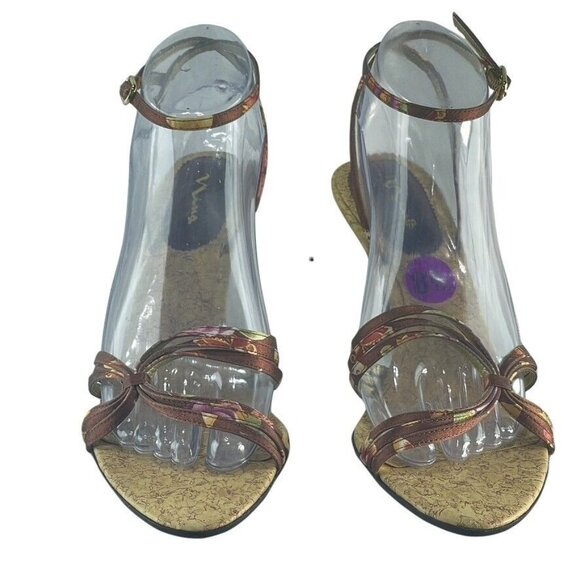 Nina Womens 8.5 Brown & Gold Open-Toe Heels With Ankle Strap - Picture 2 of 11